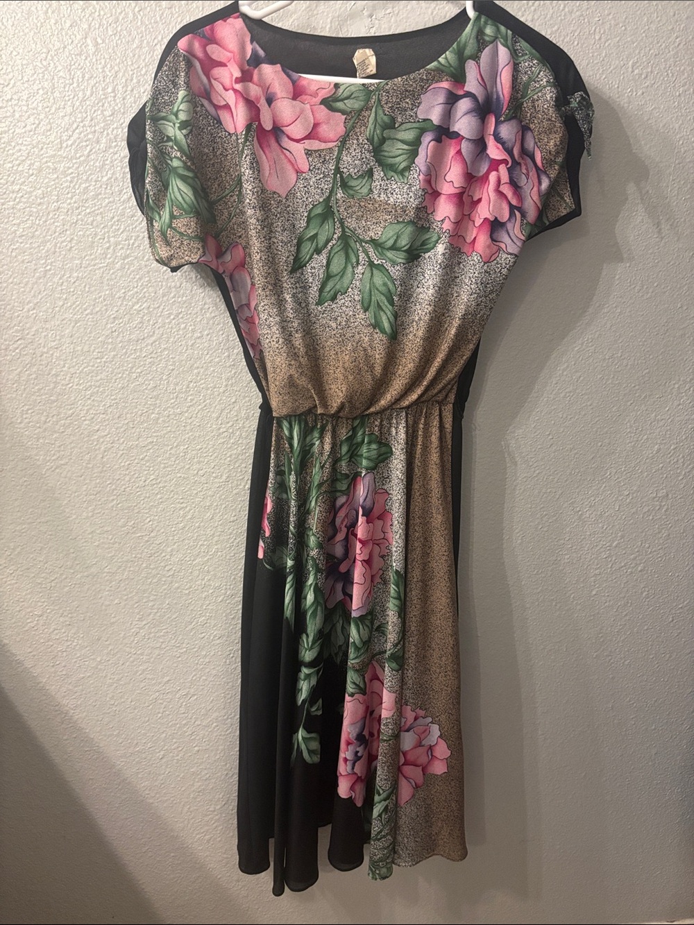 Floral Pink & Black Midi Dress with Cinched Waist